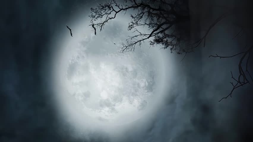 Mysterious presences evil bats fly under a giant moon, overwhelming atmosphere.