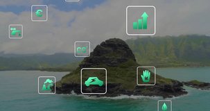 Animation of ecology icons over lake landscape. Global delivery, shipping and digital interface concept digitally generated video.
