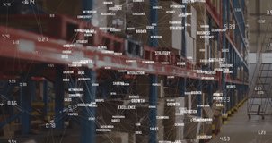 Animation of network of connections with texts over warehouse. Global delivery, shipping and digital interface concept digitally generated video.