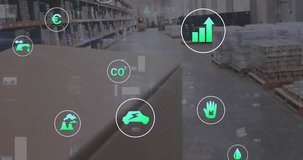 Animation of ecology icons and data processing over warehouse. Global delivery, shipping and digital interface concept digitally generated video.