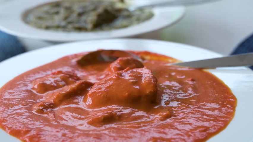 View of an Indian chicken tikka masala dish, consisting of roasted marinated chicken chunks in a spiced orange sauce, seen on a white plate at the forefront. Royalty-Free Stock Footage #3450884149
