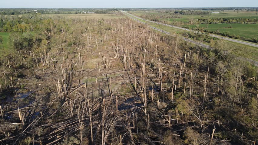Tornado damage in forest landscape near I96 highway in USA, aerial view