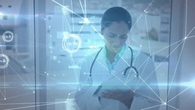 Animation of network of connections over biracial female doctor using tablet. Global medicine, healthcare, connections and digital interface concept digitally generated video. - Powered by Shutterstock - Get 15% off with code: PIKWIZARD15