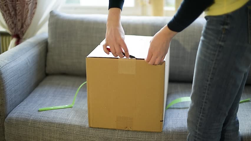 Young woman unboxing unpacking box received by parcel post in the living room couch time lapse fast motion | Shutterstock HD Video #34509775