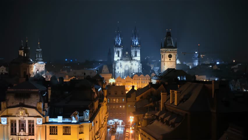 Prague cityscape at night. Prague old town at dusk, Charles bridge and Vltava river, Czech Republic. View of famouse Prague old bridges over the Vltava river at twilight Czech capital city.