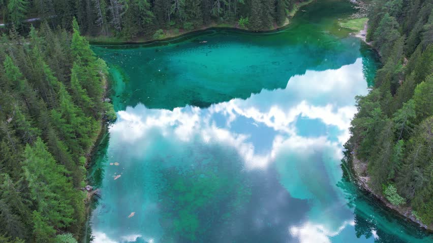 Aerial of Gruner See, beautiful green alpine lake with crystal clear water in spring, Gruner See, Styria, Austria, Europe