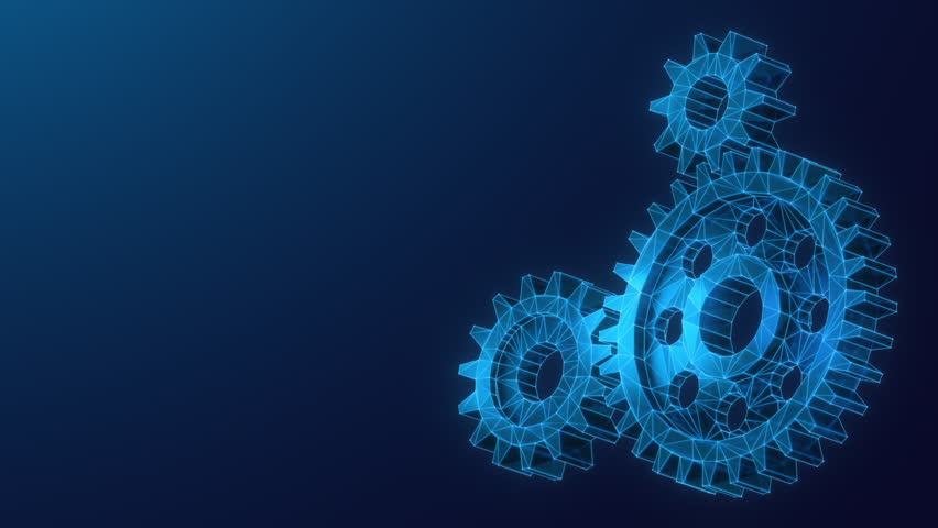 Abstract Animated Low Poly Illustration of Gears Spinning Together. Symbol of Corporate Collaboration, Partnership and Teamwork Looped Motion Graphic on Blue Background. Royalty-Free Stock Footage #3451072813