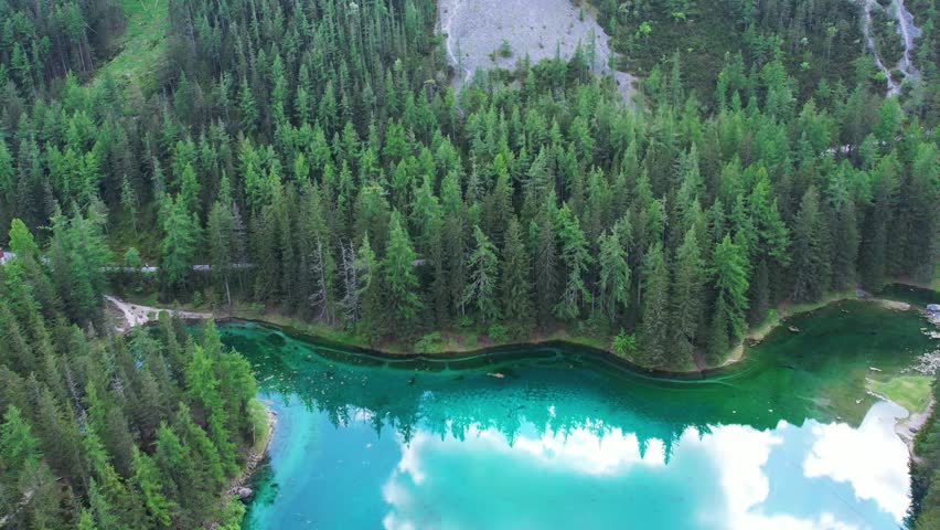 Aerial of Gruner See, beautiful green alpine lake with crystal clear water in spring, Gruner See, Styria, Austria, Europe