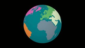 Rotating earth. Slanted sphere view. Slow speed globe rotation. Colored continents style. World map with graticule lines on Black background. Original animation.