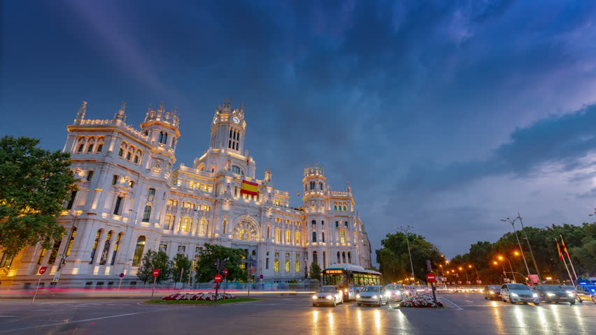 twilight time illumination madrid city famous cibeles palace traffic square street timelapse 4k spain