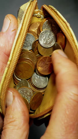 Vertical video – Closeup overhead shot of a person’s hands unzipping a purse to find only USA dime and one cent coins. Poor or broke concept.