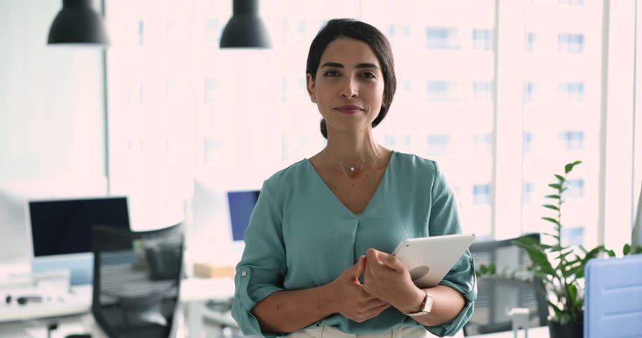 Happy Brazilian businesswoman, HR manager welcoming applicant, extend her arm shake hands express respect, greeting client, sells services feel satisfied with negotiation. Business, etiquette, meeting Royalty-Free Stock Footage #3451218965