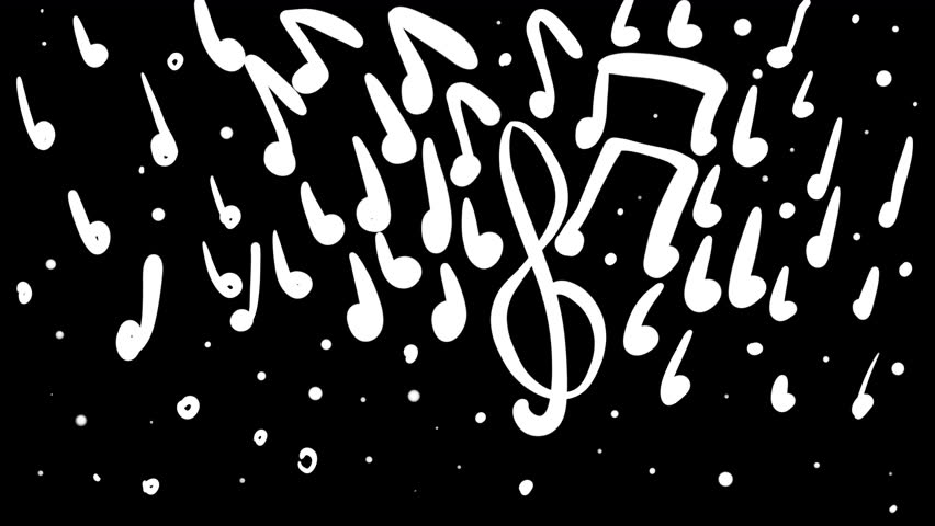 Video transition with musical notes painted white on a gray screen. Stock animation with a melody for changing frames in 4K with an alpha channel. Song sound concept with notes and treble clef.