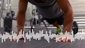 Animation of caucasian strong fit man exercising data processing. Global sports, connections, computing and data processing concept digitally generated video.