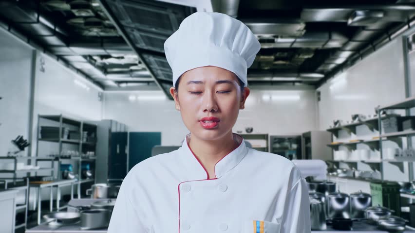 Close Up Of Asian Woman Chef Having A Headache In Professional Kitchen Royalty-Free Stock Footage #3451242965