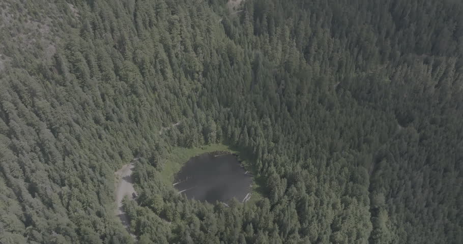 Soaring ungraded aerial footage reveals a secluded freshwater lake nestled within Washington