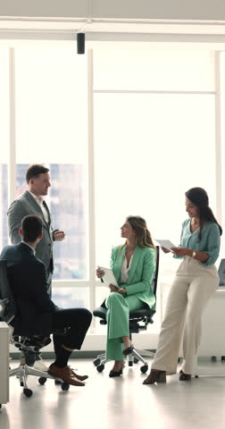 Mature experienced Caucasian male boss lead morning group briefing with multiethnic company staff members listen team leader ideas, thoughts and opinion take part in brainstorm, teamwork at workplace Royalty-Free Stock Footage #3451249567