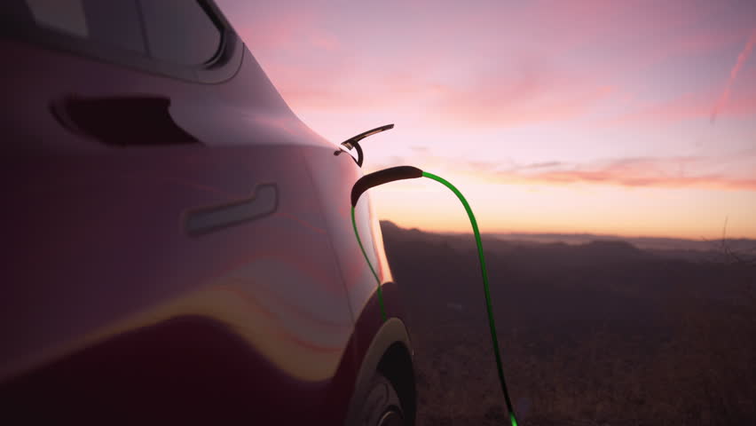 Zoom out collage electric car charging at sunset. People using clean renewable energy. Nature environment sustainable future. Ecology friendly solar power plants, windmills green planet, zero emission Royalty-Free Stock Footage #3451280769