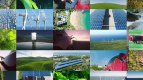Zoom out collage electric car charging at sunset. People using clean renewable energy. Nature environment sustainable future. Ecology friendly solar power plants, windmills green planet, zero emission - Powered by Shutterstock - Get 15% off with code: PIKWIZARD15