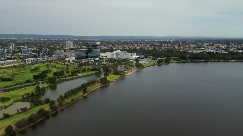 Panoramic aerial view of Swan river and the south side of Perth with big buildings and houses - Perth, Western Australia