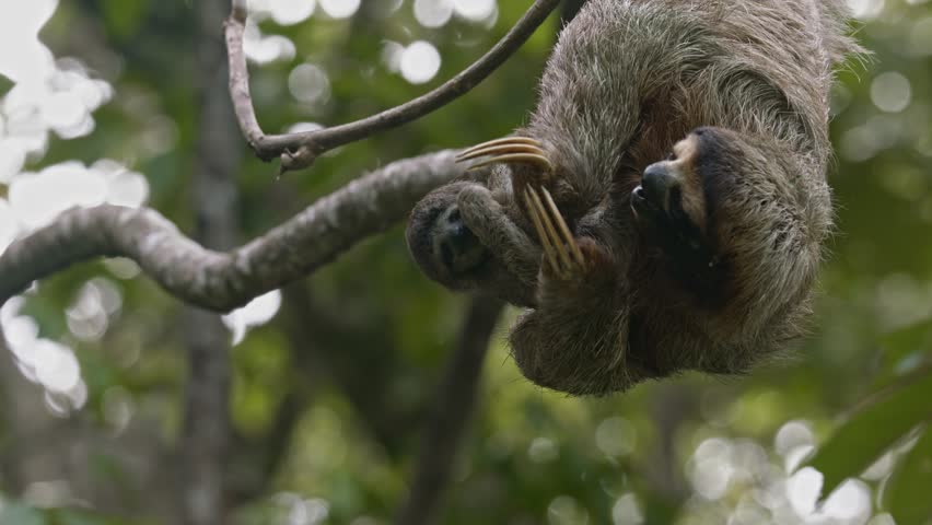 Three-toed sloth with baby clinging as they hang from a tree, in the lush Costa Rican forest