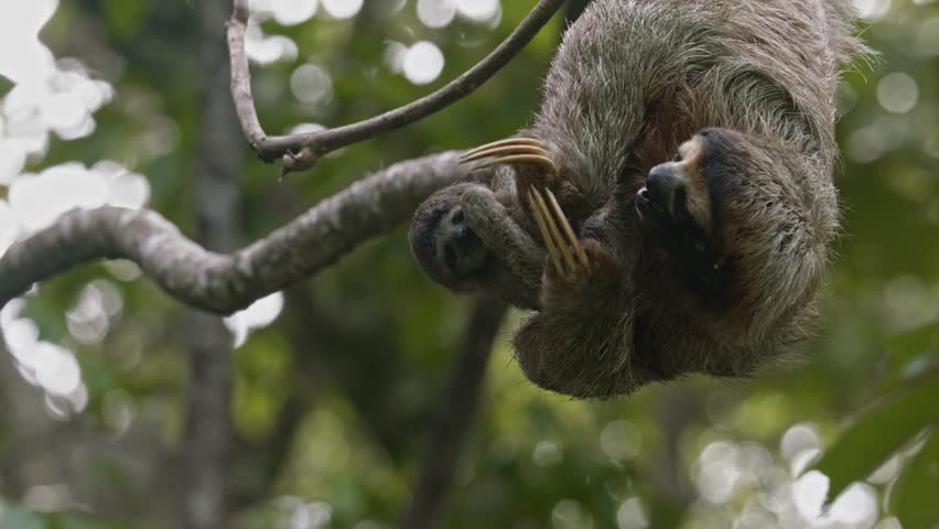 Three-toed sloth with baby clinging as they hang from a tree, in the lush Costa Rican forest Royalty-Free Stock Footage #3451303105