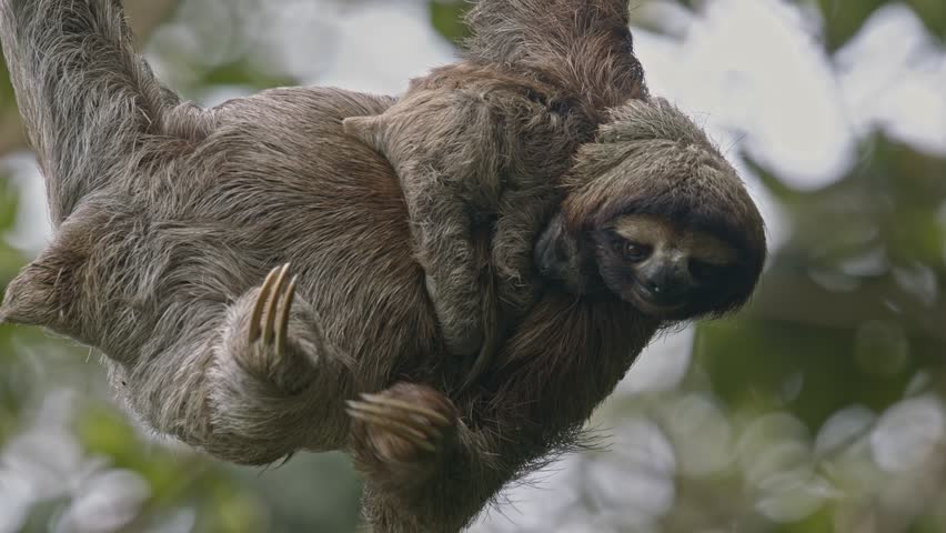 Adorable cute faced Sloth hangs casually from rainforest tree Costa Rica CLOSE-UP