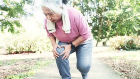 Senior woman gray hair walking and jogging in the park had sudden knee pain bone joint pain osteoarthritis and had to stop running to relieve the symptoms with gentle massage. - Powered by Shutterstock - Get 15% off with code: PIKWIZARD15