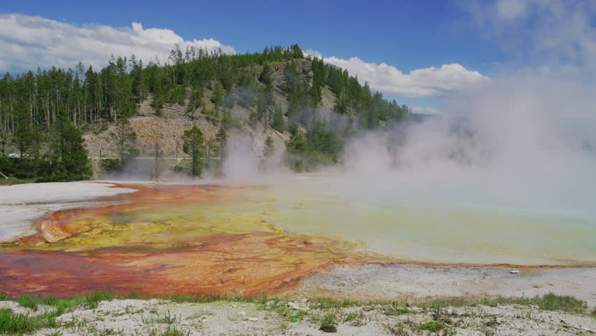 A stunning hot spring with vibrant mineral deposits and steam is framed by a forested hill under a clear sky at Yellowstone National Park. The atmosphere is serene and majestic. Slow Motion, 4K RAW. 