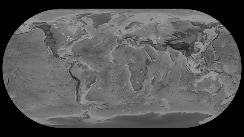 Grayscale world map rotated. Loopable. Meridional rotation of the grayscale elevation world map in the Eckert III cylindrical projection.  Royalty-Free Stock Footage #3451502277
