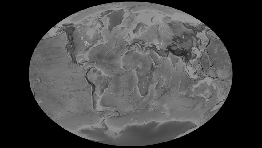 Grayscale world map rotated. Loopable. Meridional rotation of the grayscale elevation world map in the Fahey cylindrical projection.  Royalty-Free Stock Footage #3451512091