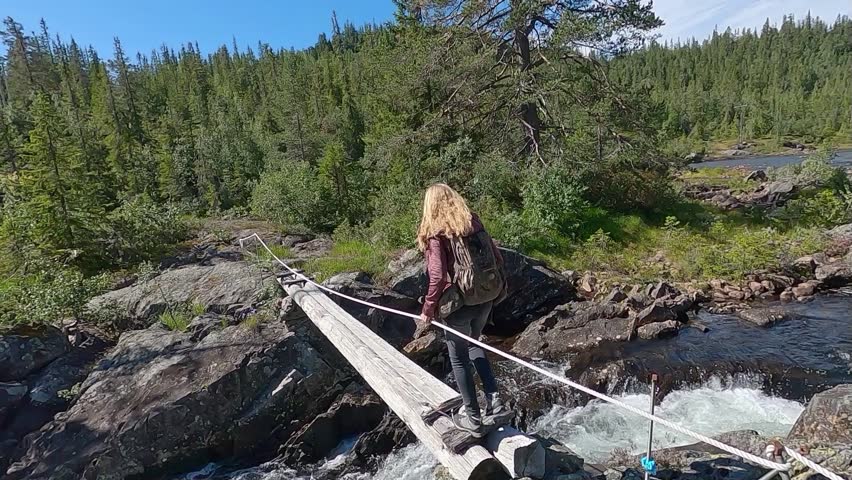 Hiking adventure along an idyllic wild river (Bø) in province Vestfold and Telemark (Vestfold og Telemark), Norway Royalty-Free Stock Footage #3451530269