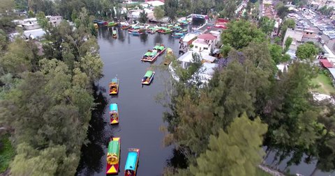 Drone flying over Xochimilco Mexico City Channel