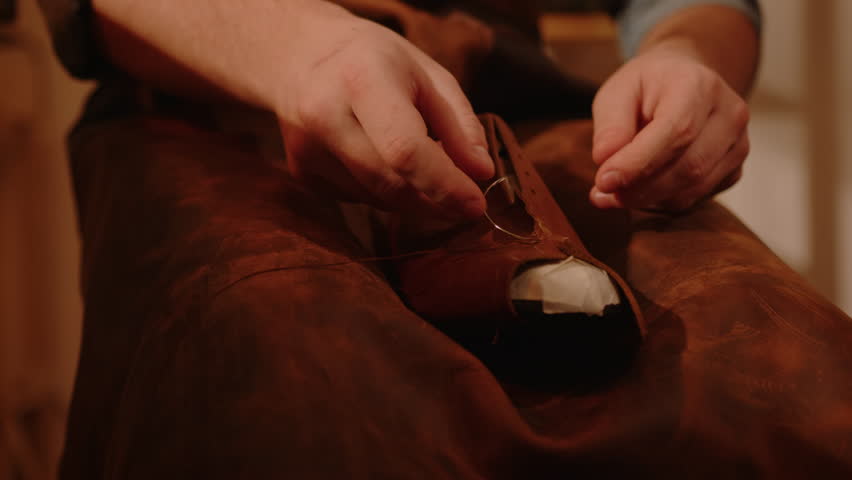 Shoemaker's hands sewing handmade leather shoes in craft workshop close-up. Shoemaking as small business. Royalty-Free Stock Footage #3451588013