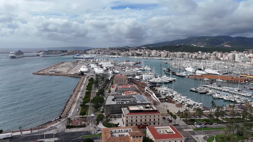 Palma de mallorca marina with boats and cityscape under cloudy sky, aerial view