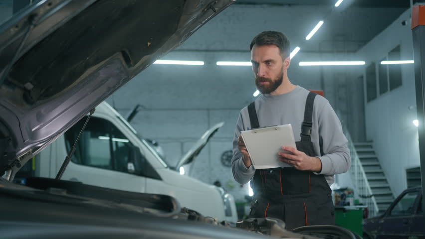 Auto mechanic professional technical expert Caucasian man male checking car manual maintenance write checklist on clipboard automobile diagnostics inspect transport at vehicle service station garage