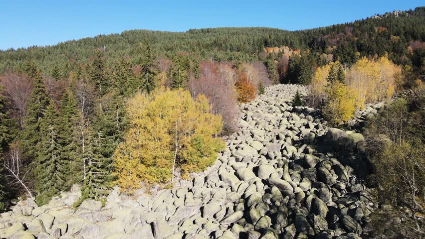 Aerial autumn view of Stone river know as Zlatnite Mostove (Golden Bridges) at Vitosha Mountain, Sofia City Region, Bulgaria