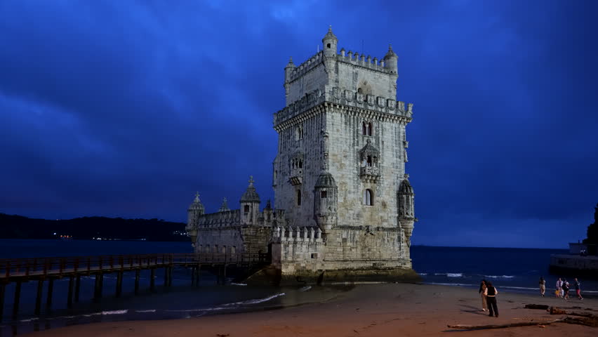 The Belem Tower (Torre de Belem) at night in city of Lisbon, Portugal. Fortification from the 16th century at the Tagus River estuary.