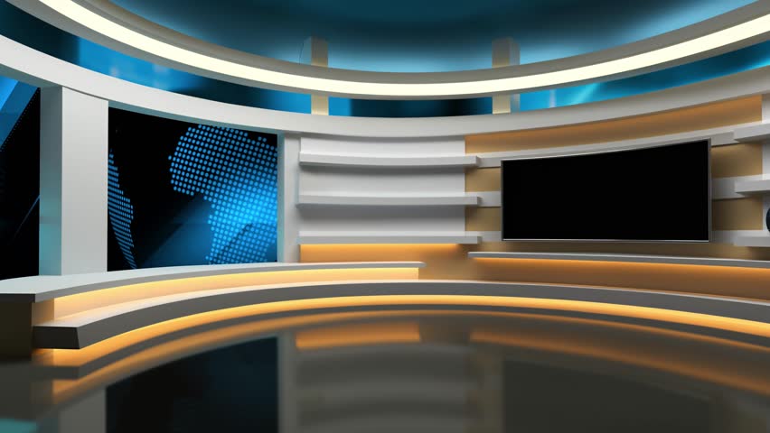 Tv studio. News room. Studio Background. Newsroom bakground. Backdrop for any green screen or chroma key video production. Loop. 3D rendering. 