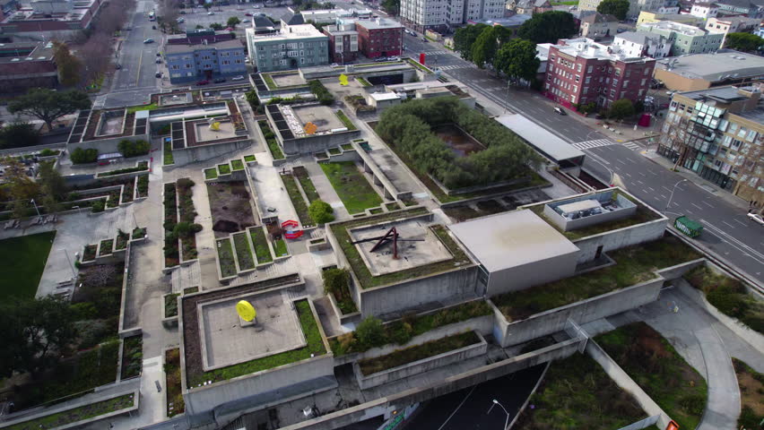 Aerial View of Oakland Museum of California Building and Rooftop Gardens, Drone Shot