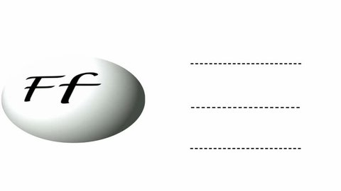 Letter F animated phonics card with both upper and lowercase letters on spinning globe and the words fan, fish and fork written on dashed line using Lucida handwriting font