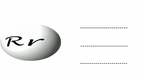 Letter R animated phonics card with both upper and lowercase letters on spinning globe and the words rabbit, ring and robot written on dashed line using Lucida handwriting font