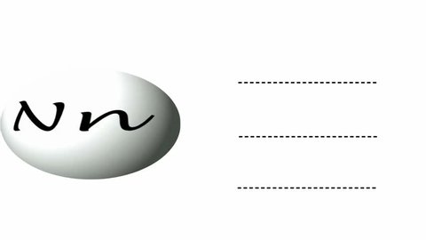 Letter N animated phonics card with both upper and lowercase letters on spinning globe and the words nest, net and nut written on dashed line using Lucida handwriting font