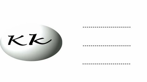 Letter K animated phonics card with both upper and lowercase letters on spinning globe and the words key, king and kite written on dashed line using Lucida handwriting font