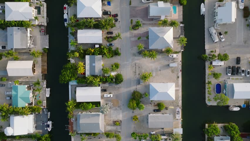 Top down view of rows of waterfront houses in the Florida Keys