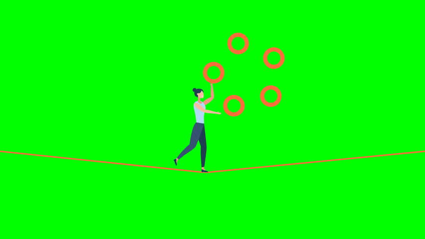 Woman juggling with rings on rope. Juggler woman manager showing skill and ease of control in management multitasking. Wealth management. 2d flat animation. Alpha channel. Chroma key. Green screen	
