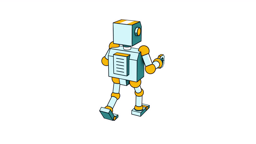 3d robot in cartoon style. Robot toy walk cycle. Transparent background. Looped animation with alpha channel. Camera fly around