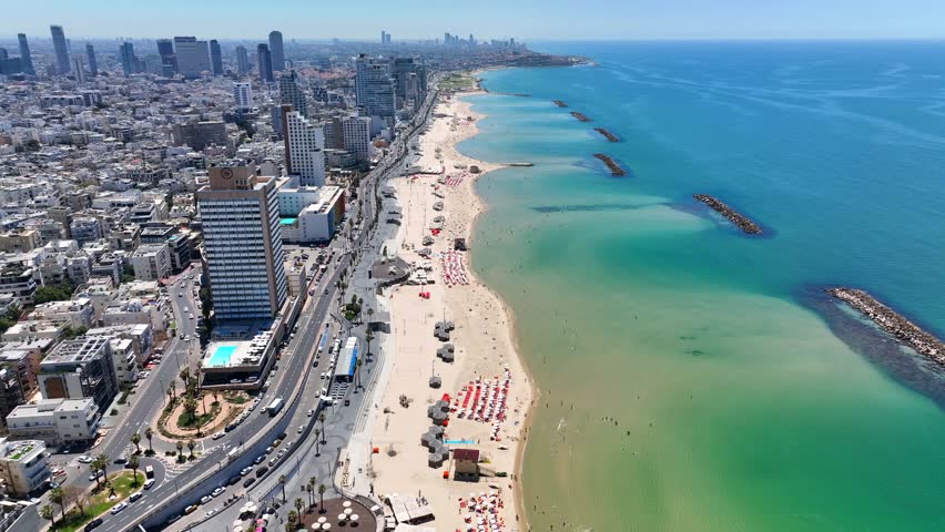 Tel Aviv , Israel.
the  beach promenade and hotels aerial view. Royalty-Free Stock Footage #3452194019
