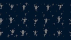 Giraffe head symbols float horizontally from left to right. Parallax fly effect. Floating symbols are located randomly. Seamless looped 4k animation on dark blue background