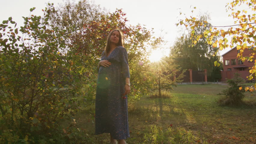Beautiful pregnant woman having walk in the park